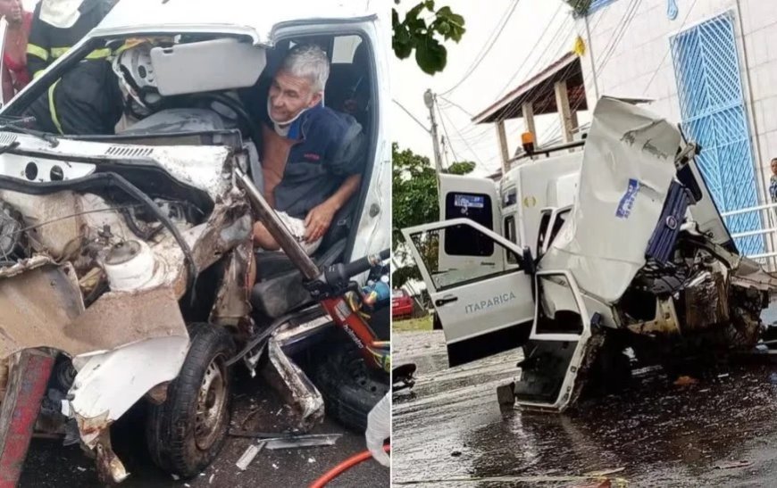 Vereador fica preso às ferragens após perder controle de ambulância e bater em poste; veja