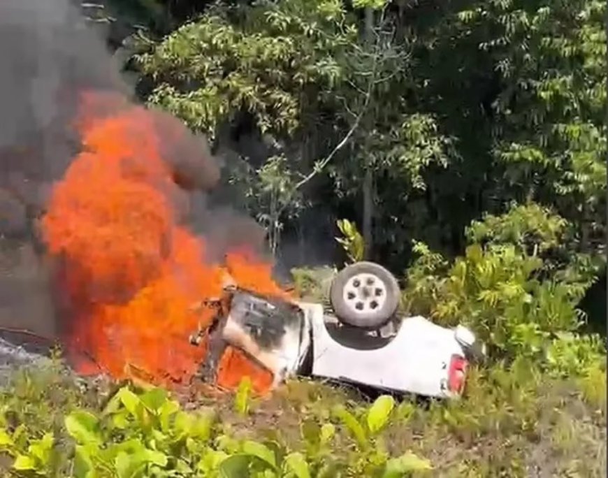 IMAGENS FORTES: Uma pessoa morre após carro cair de barranco e pegar fogo em grave acidente na BR-174